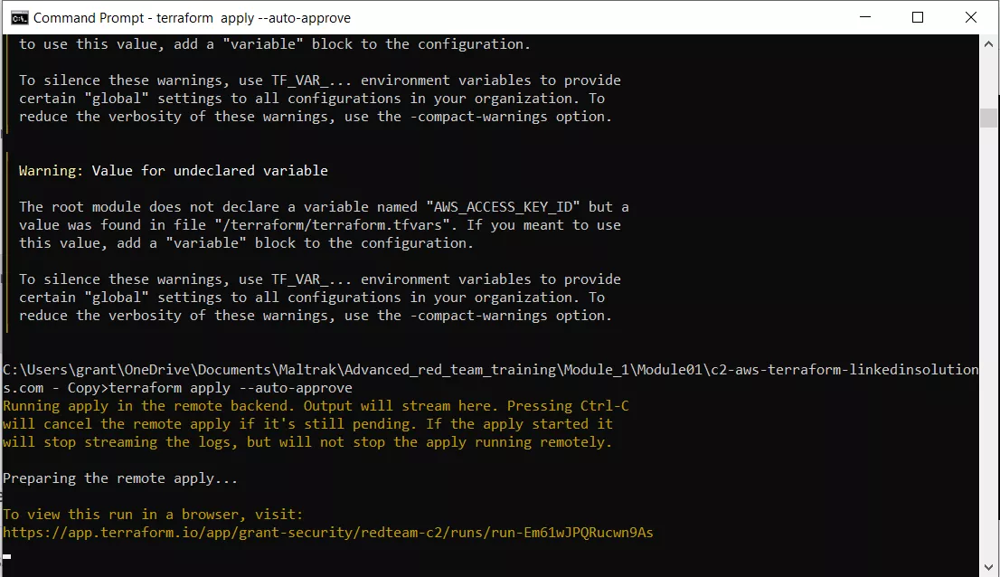 Snapshot of terraform apply command
being run from the command line