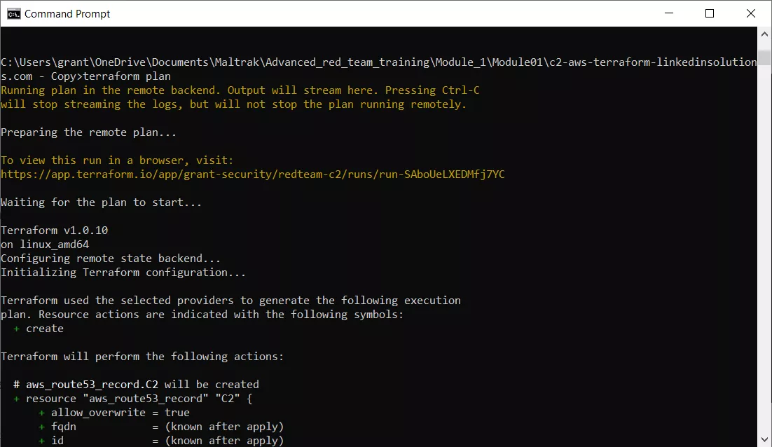 Snapshot of terraform plan command
being run from the command line